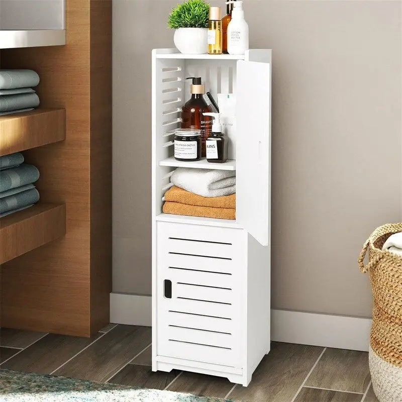 Meuble de salle de bain sur pied blanc, étroit, deux étagères ouvertes, porte à persiennes, PVC étanche