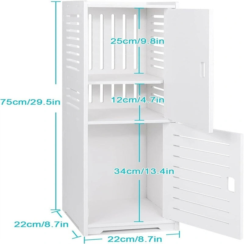 Meuble de salle de bain sur pied blanc, étroit, deux étagères ouvertes, porte à persiennes, PVC étanche