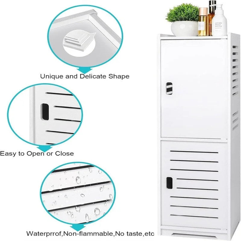Meuble de salle de bain sur pied blanc, étroit, deux étagères ouvertes, porte à persiennes, PVC étanche