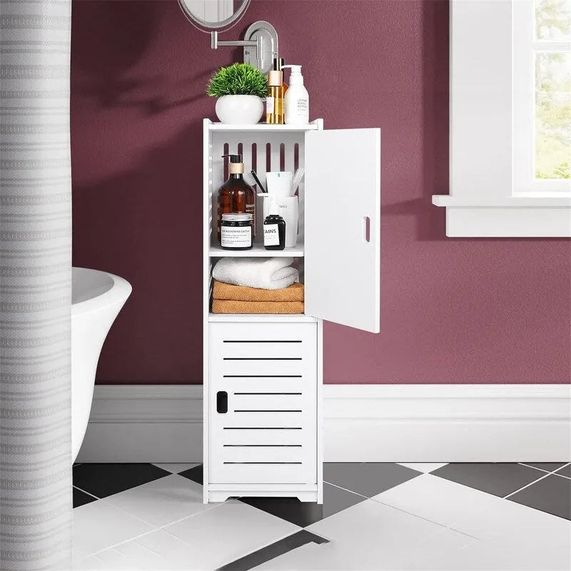 Meuble de salle de bain sur pied blanc, étroit, deux étagères ouvertes, porte à persiennes, PVC étanche