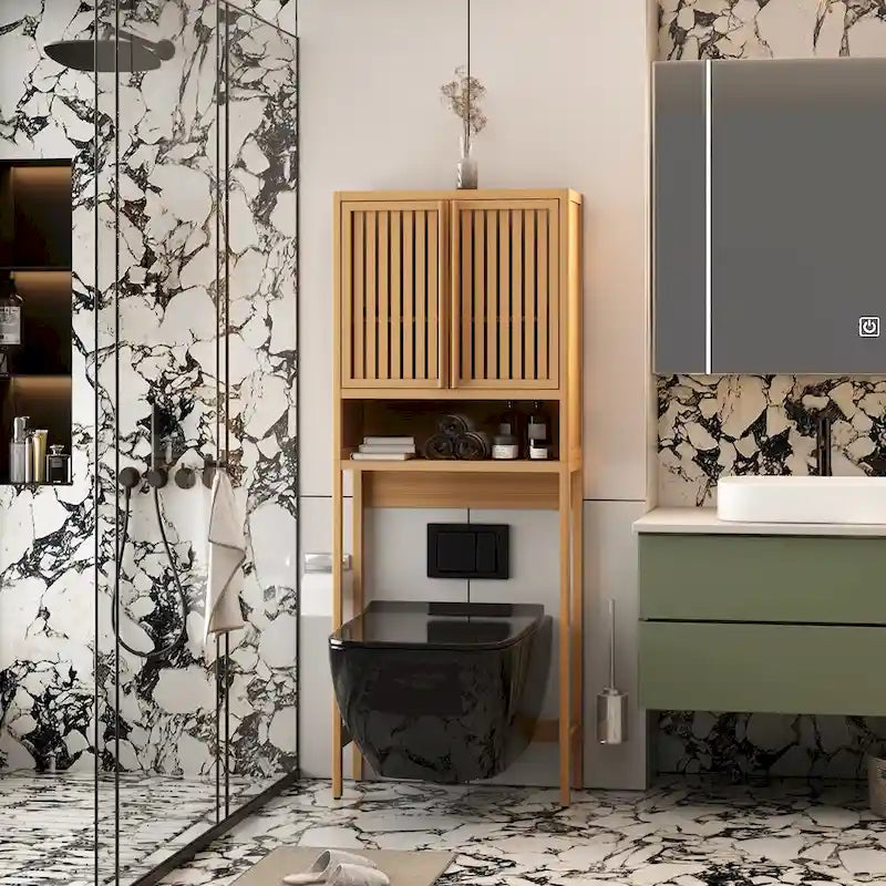 Meuble de rangement WC en bambou naturel avec portes persiennes et étagère ouverte, étagère de salle de bain autoportante