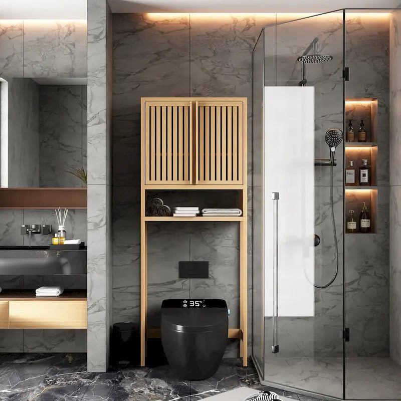 Meuble de rangement WC en bambou naturel avec portes persiennes et étagère ouverte, étagère de salle de bain autoportante