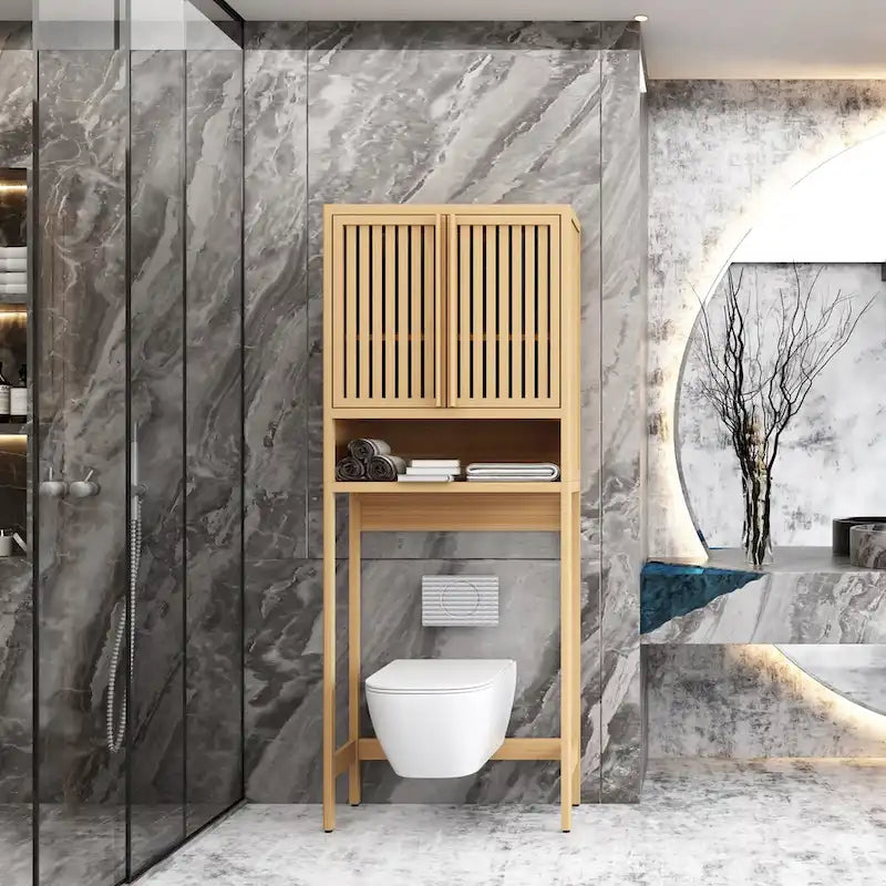 Meuble de rangement WC en bambou naturel avec portes persiennes et étagère ouverte, étagère de salle de bain autoportante