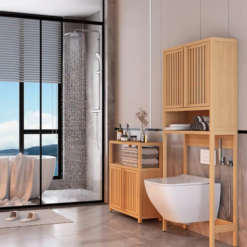 Meuble de rangement WC en bambou naturel avec portes persiennes et étagère ouverte, étagère de salle de bain autoportante