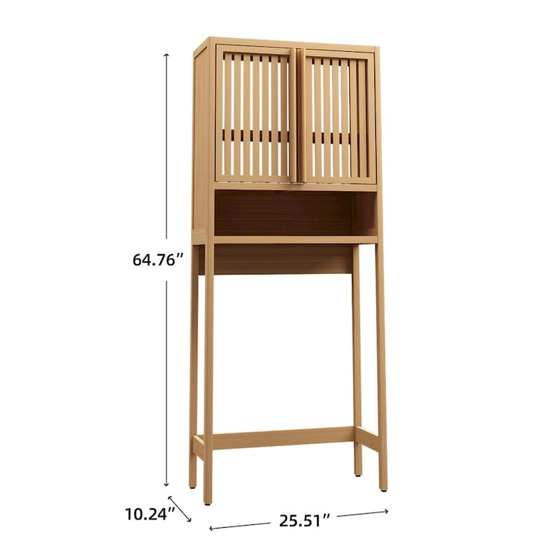 Meuble de rangement WC en bambou naturel avec portes persiennes et étagère ouverte, étagère de salle de bain autoportante
