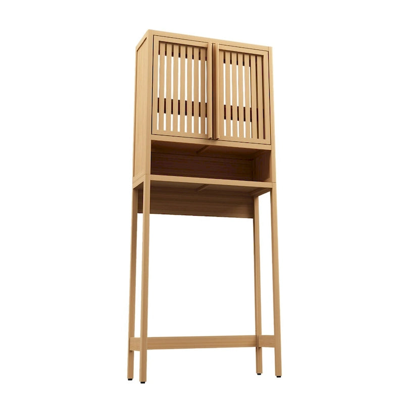 Meuble de rangement WC en bambou naturel avec portes persiennes et étagère ouverte, étagère de salle de bain autoportante
