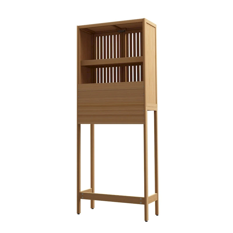 Meuble de rangement WC en bambou naturel avec portes persiennes et étagère ouverte, étagère de salle de bain autoportante