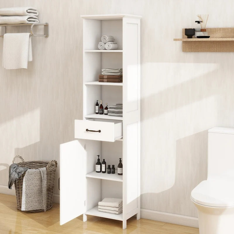 Meuble de Rangement Salle de Bain Haut et Étroit Étagères Ouvertes Tiroir Porte Blanc