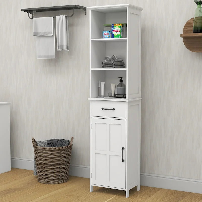 Meuble de Rangement Salle de Bain Haut et Étroit Étagères Ouvertes Tiroir Porte Blanc