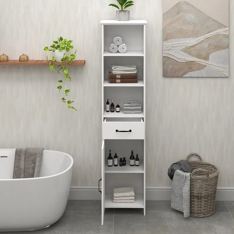 Meuble de Rangement Salle de Bain Haut et Étroit Étagères Ouvertes Tiroir Porte Blanc