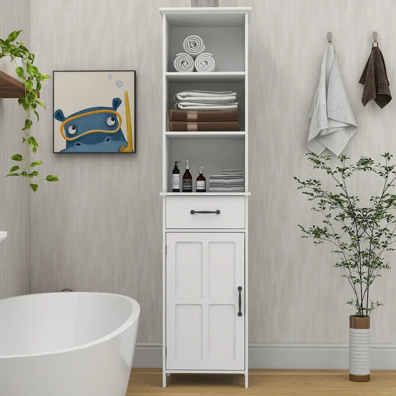 Meuble de Rangement Salle de Bain Haut et Étroit Étagères Ouvertes Tiroir Porte Blanc