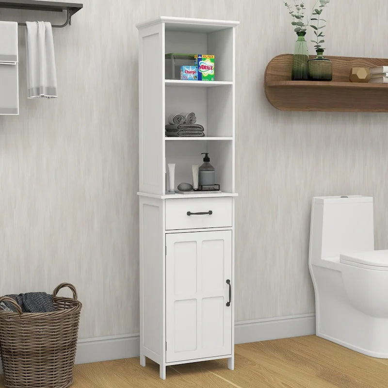 Meuble de Rangement Salle de Bain Haut et Étroit Étagères Ouvertes Tiroir Porte Blanc