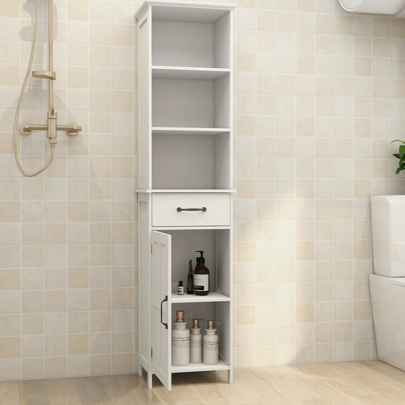 Meuble de Rangement Salle de Bain Haut et Étroit Étagères Ouvertes Tiroir Porte Blanc