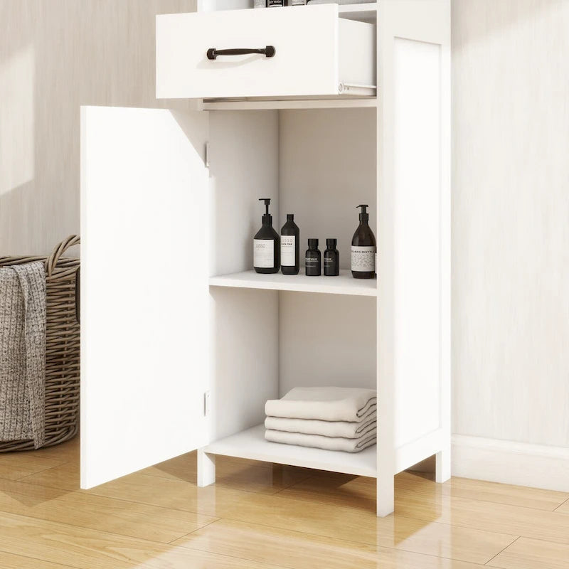 Meuble de Rangement Salle de Bain Haut et Étroit Étagères Ouvertes Tiroir Porte Blanc