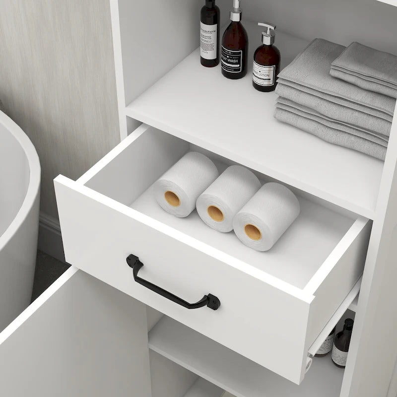 Meuble de Rangement Salle de Bain Haut et Étroit Étagères Ouvertes Tiroir Porte Blanc