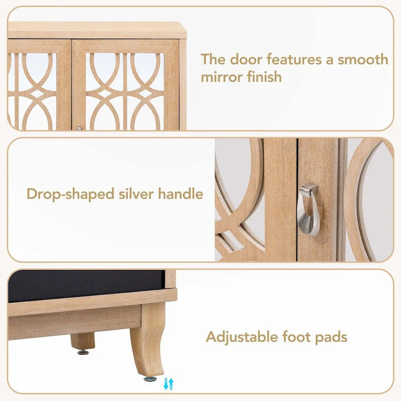 Bahut en bois naturel lavé à trois portes avec miroirs, treillis ajouré, étagères réglables, poignées en goutte d'eau et pieds incurvés