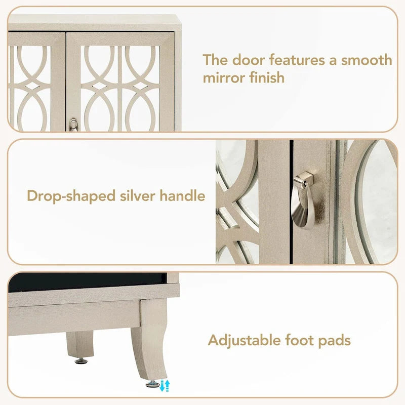 Bahut en bois naturel lavé à trois portes avec miroirs, treillis ajouré, étagères réglables, poignées en goutte d'eau et pieds incurvés