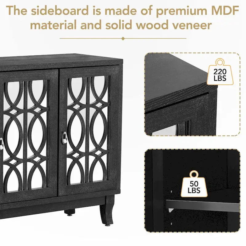Bahut en bois naturel lavé à trois portes avec miroirs, treillis ajouré, étagères réglables, poignées en goutte d'eau et pieds incurvés