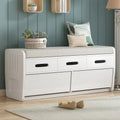 Banc de rangement rustique blanc, siège rembourré, deux tiroirs coulissants, panneaux latéraux rayés, MDF, bois d'acacia