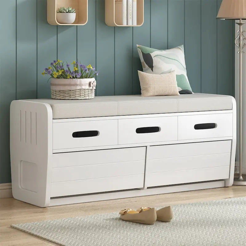 Banc de rangement rustique blanc, siège rembourré, deux tiroirs coulissants, panneaux latéraux rayés, MDF, bois d'acacia