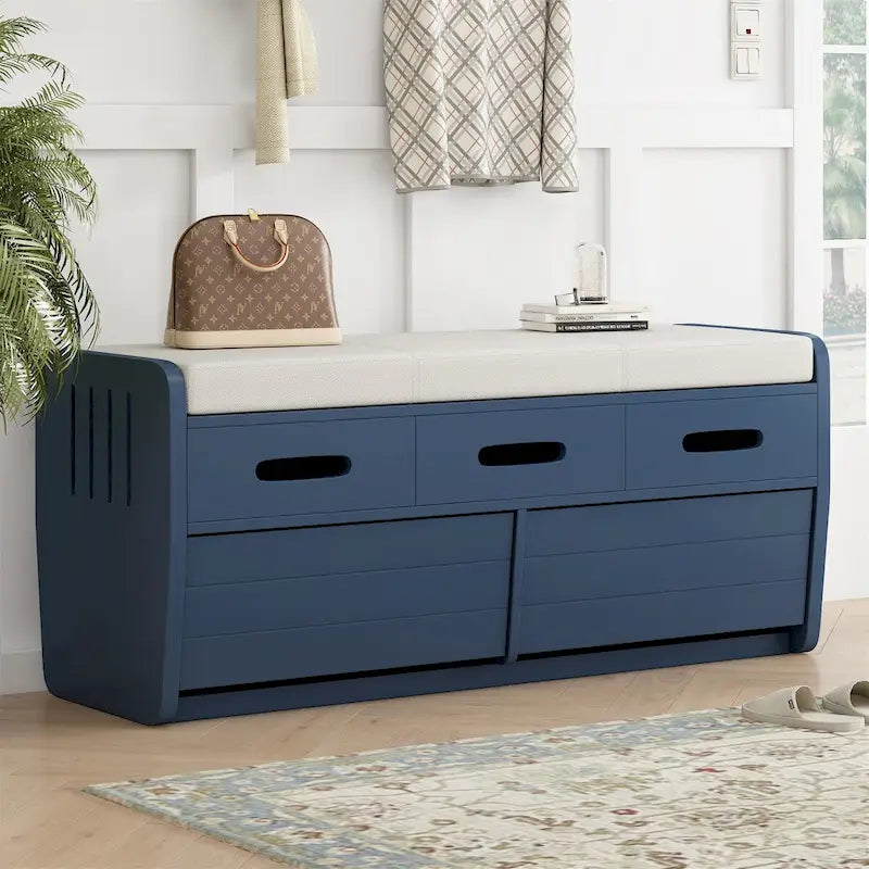 Banc de rangement rustique blanc, siège rembourré, deux tiroirs coulissants, panneaux latéraux rayés, MDF, bois d'acacia