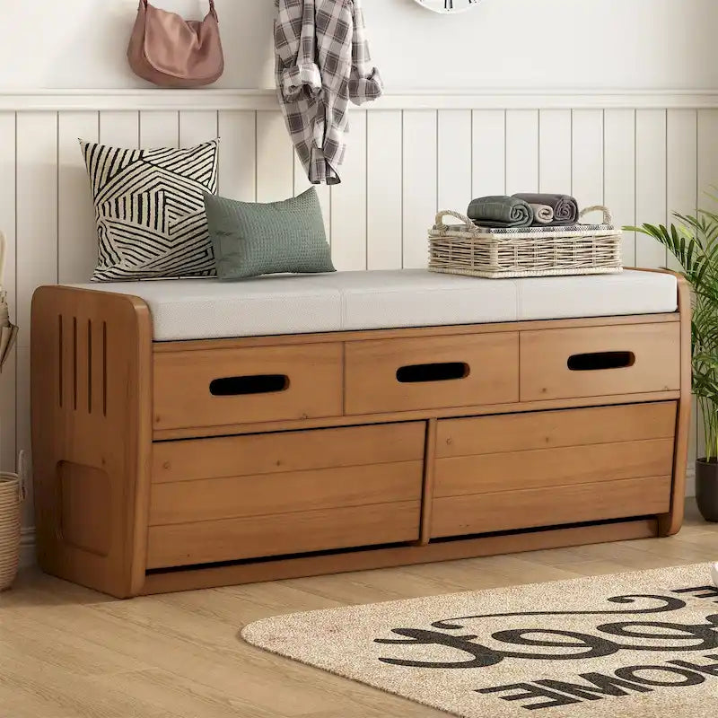 Banc de rangement rustique blanc, siège rembourré, deux tiroirs coulissants, panneaux latéraux rayés, MDF, bois d'acacia