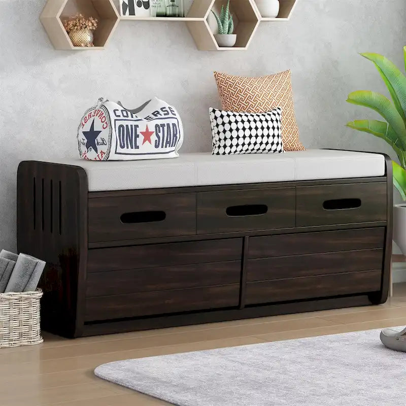 Banc de rangement rustique blanc, siège rembourré, deux tiroirs coulissants, panneaux latéraux rayés, MDF, bois d'acacia