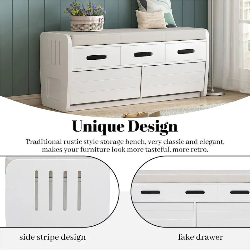 Banc de rangement rustique blanc, siège rembourré, deux tiroirs coulissants, panneaux latéraux rayés, MDF, bois d'acacia