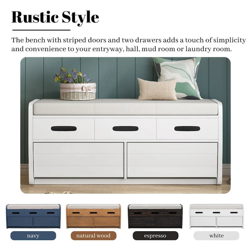 Banc de rangement rustique blanc, siège rembourré, deux tiroirs coulissants, panneaux latéraux rayés, MDF, bois d'acacia