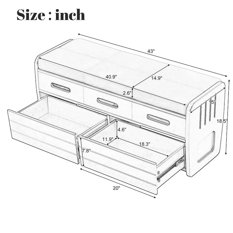 Banc de rangement rustique blanc, siège rembourré, deux tiroirs coulissants, panneaux latéraux rayés, MDF, bois d'acacia