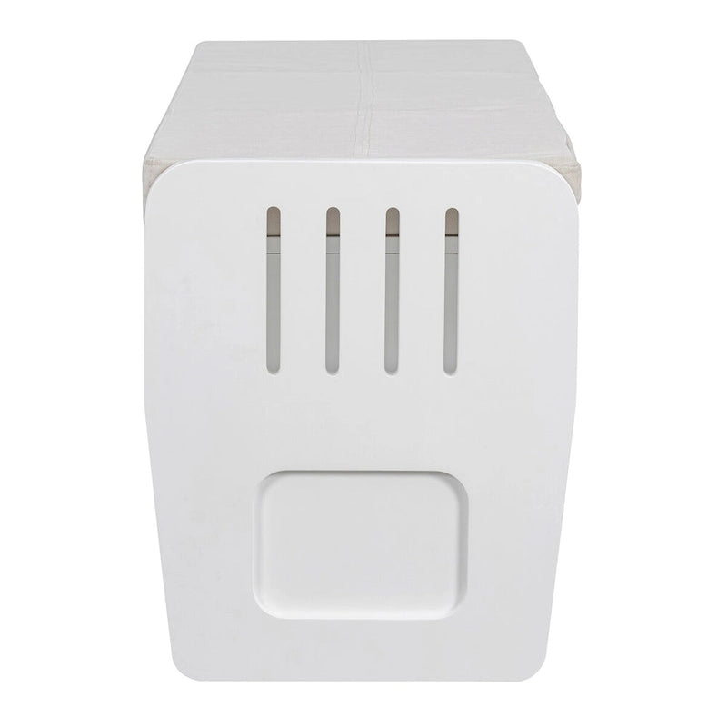 Banc de rangement rustique blanc, siège rembourré, deux tiroirs coulissants, panneaux latéraux rayés, MDF, bois d'acacia