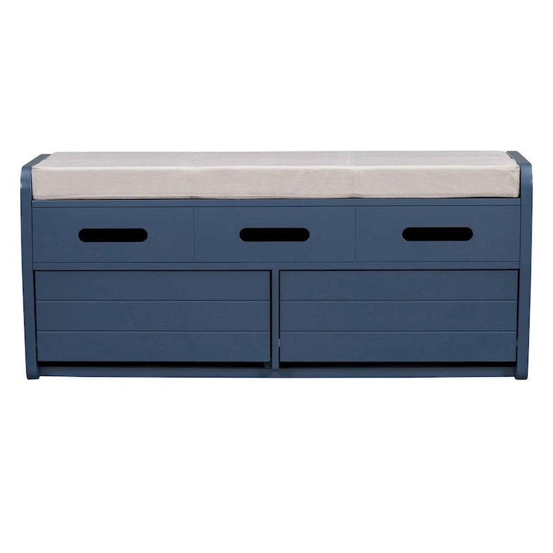 Banc de rangement rustique blanc, siège rembourré, deux tiroirs coulissants, panneaux latéraux rayés, MDF, bois d'acacia