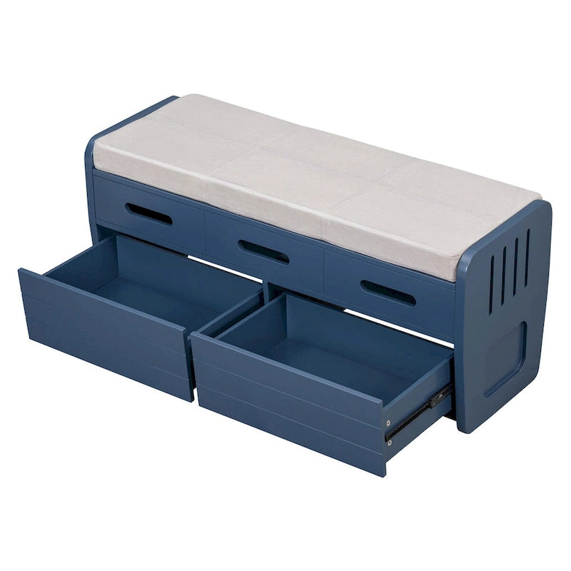 Banc de rangement rustique blanc, siège rembourré, deux tiroirs coulissants, panneaux latéraux rayés, MDF, bois d'acacia
