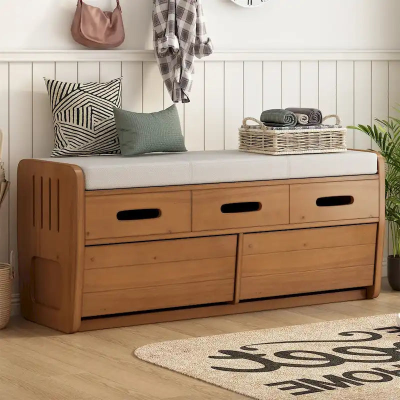 Banc de rangement rustique blanc, siège rembourré, deux tiroirs coulissants, panneaux latéraux rayés, MDF, bois d'acacia