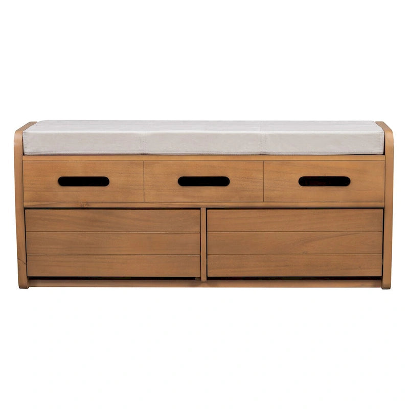 Banc de rangement rustique blanc, siège rembourré, deux tiroirs coulissants, panneaux latéraux rayés, MDF, bois d'acacia