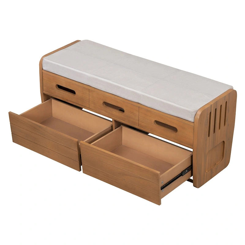 Banc de rangement rustique blanc, siège rembourré, deux tiroirs coulissants, panneaux latéraux rayés, MDF, bois d'acacia
