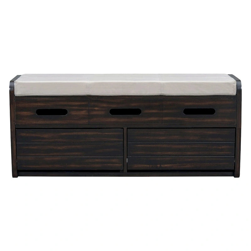 Banc de rangement rustique blanc, siège rembourré, deux tiroirs coulissants, panneaux latéraux rayés, MDF, bois d'acacia