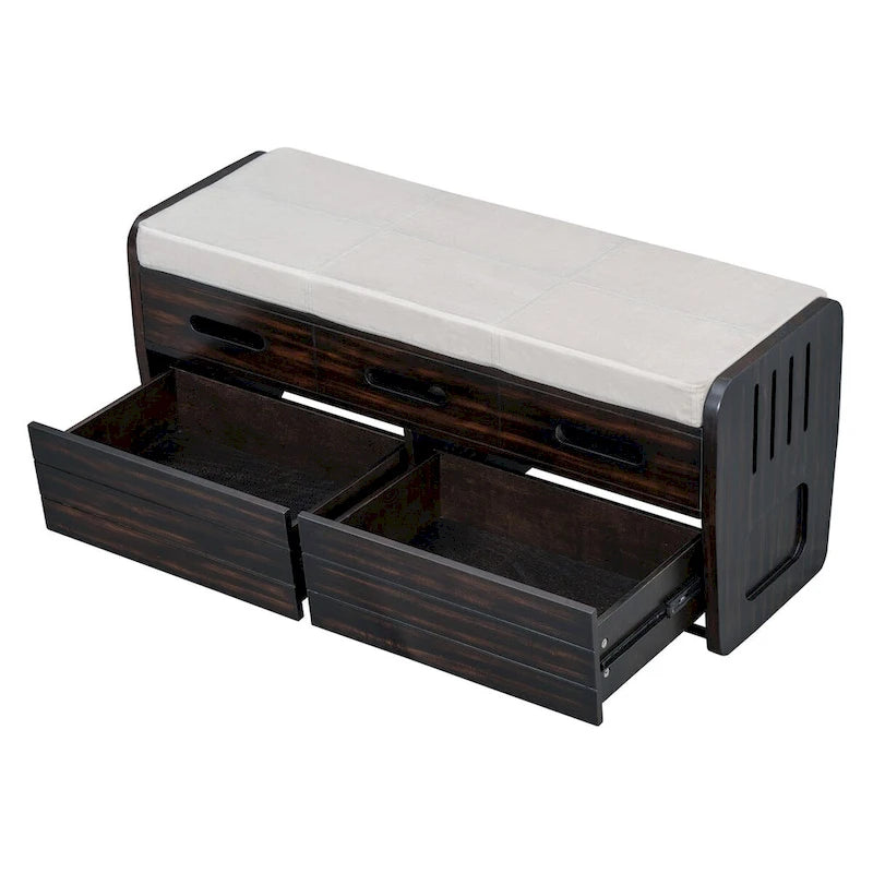 Banc de rangement rustique blanc, siège rembourré, deux tiroirs coulissants, panneaux latéraux rayés, MDF, bois d'acacia