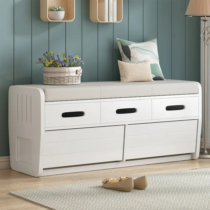 Banc de rangement rustique blanc, siège rembourré, deux tiroirs coulissants, panneaux latéraux rayés, MDF, bois d'acacia