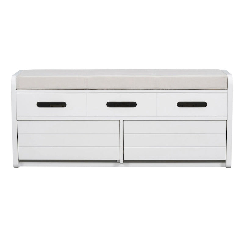 Banc de rangement rustique blanc, siège rembourré, deux tiroirs coulissants, panneaux latéraux rayés, MDF, bois d'acacia