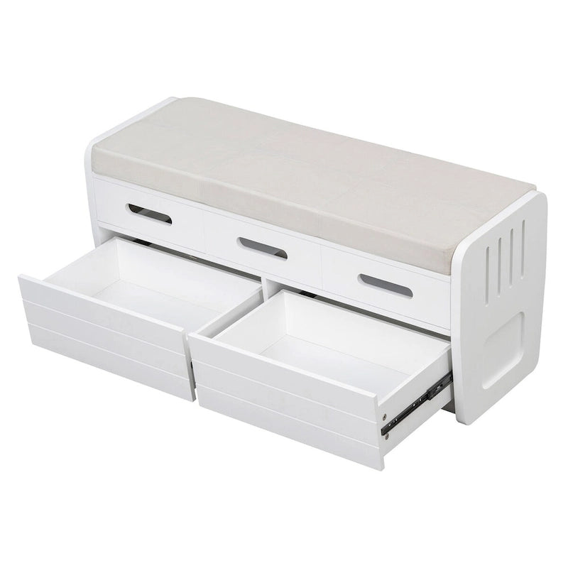 Banc de rangement rustique blanc, siège rembourré, deux tiroirs coulissants, panneaux latéraux rayés, MDF, bois d'acacia