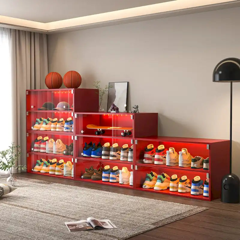 Présentoir à baskets à DEL rouges, meuble à trois niveaux en bois, portes coulissantes en verre