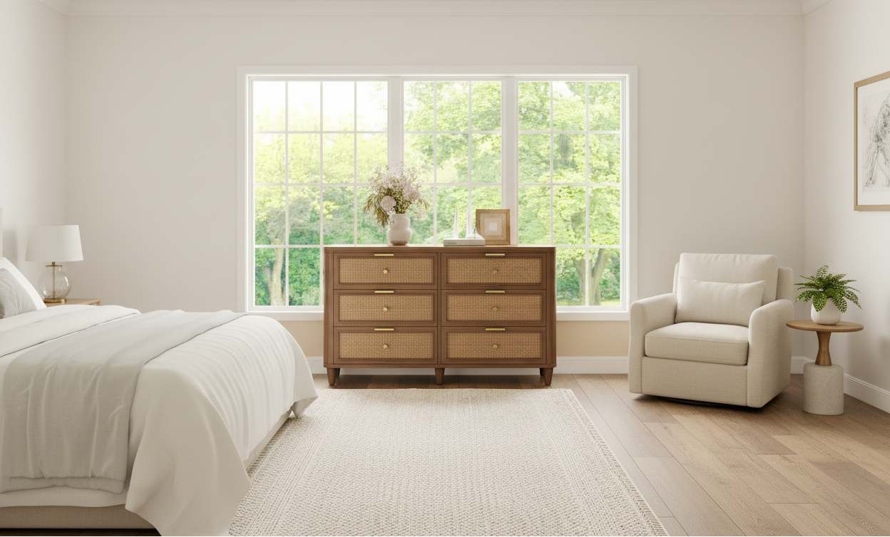 Wide Room View - Natural Walnut Rattan Dresser