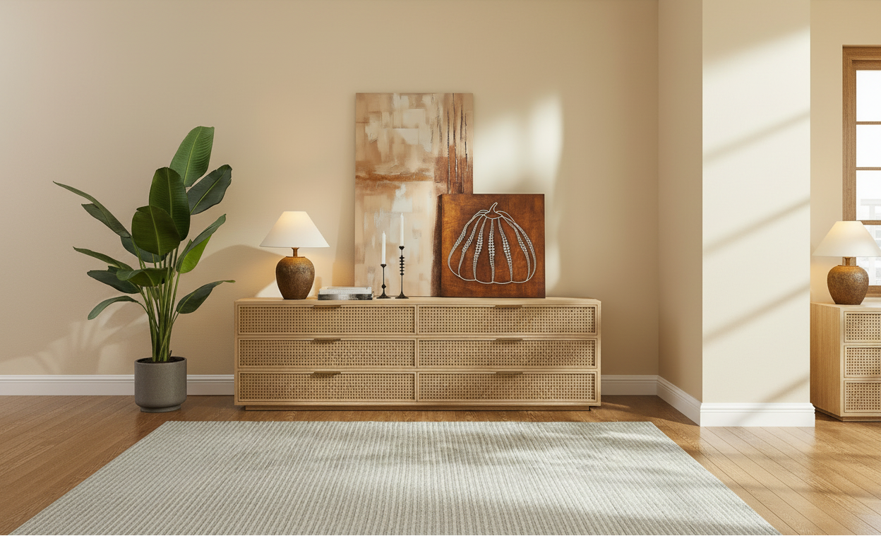 Wide Room View with Natural Rattan Dresser